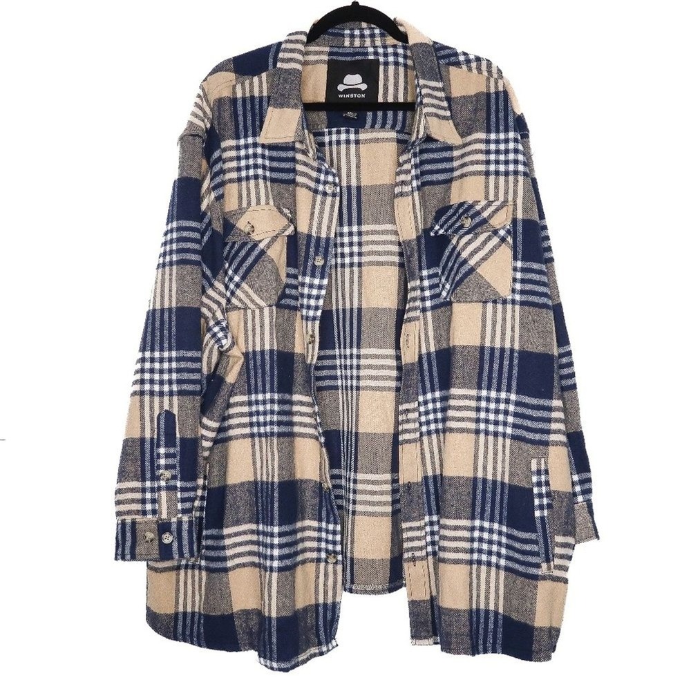Winston Mens 4XL Plaid‎ Flannel Shirt Navy Blue Tan Long Sleeve Buttons IPW3005X